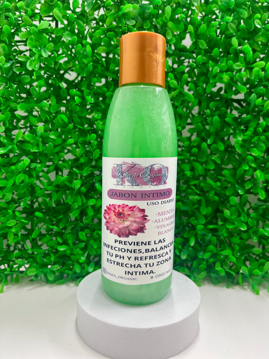 Jabón íntimo líquido de menta y alumbre.